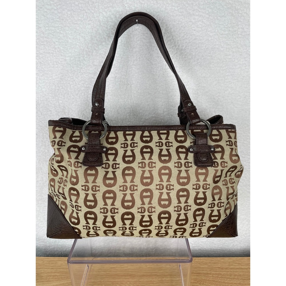 Etienne Aigner Monogram Jacquard Shoulder Bag Brown Tan Faux Leather Trim Tote - Picture 4 of 14